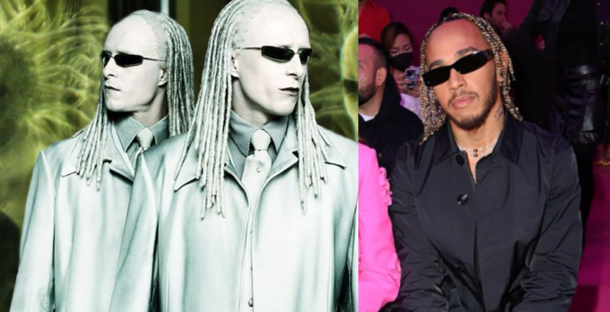 Lewis Hamilton looking like the long lost brother of the Matrix Reloaded twins