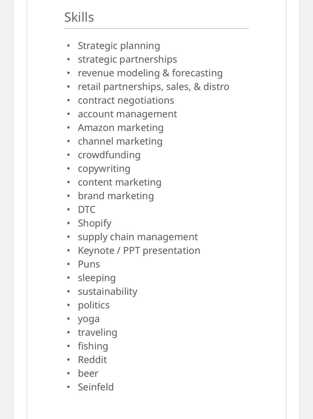 List of skills on a resume that was sent to me