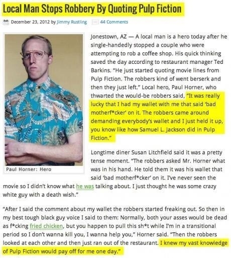 Local man stops robbery by quoting Pulp Fiction