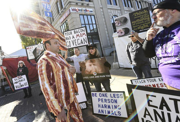 Local town had their annual Baconfest and this guy was talking to the vegan protesters