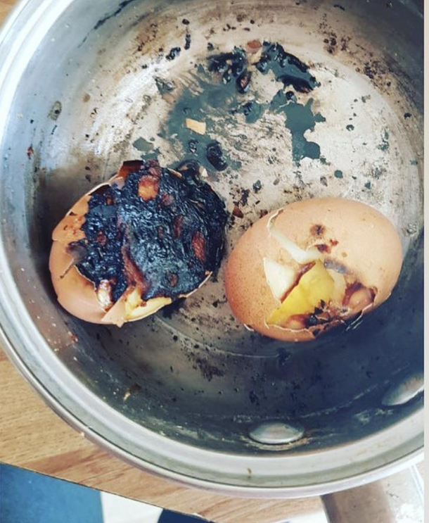 Managed to flamb an egg  I was trying to boil it 