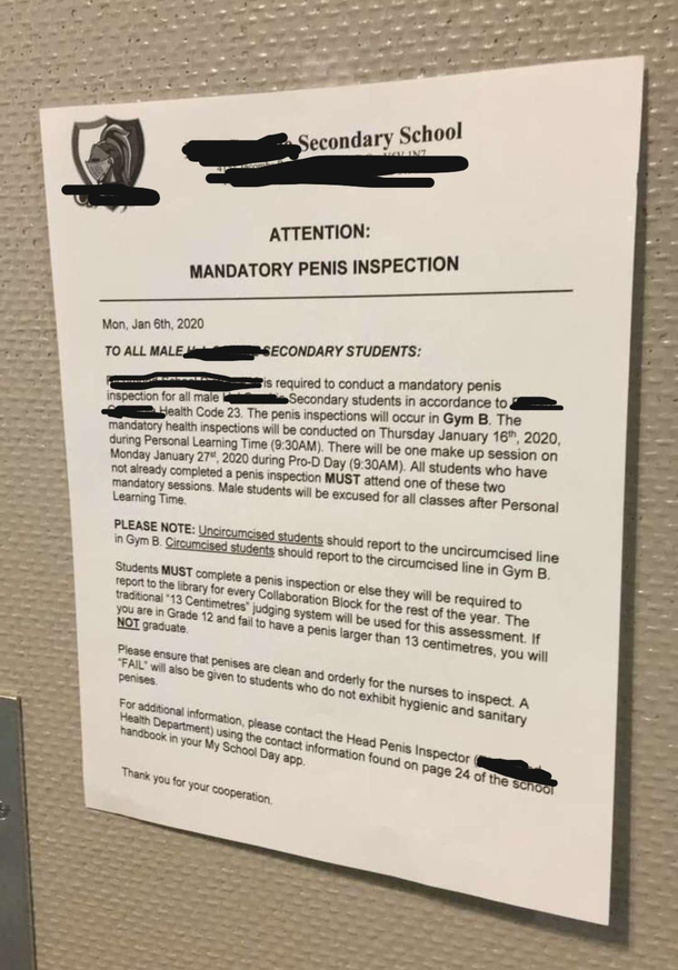 Mandatory Penis Inspection - please report to Gym B