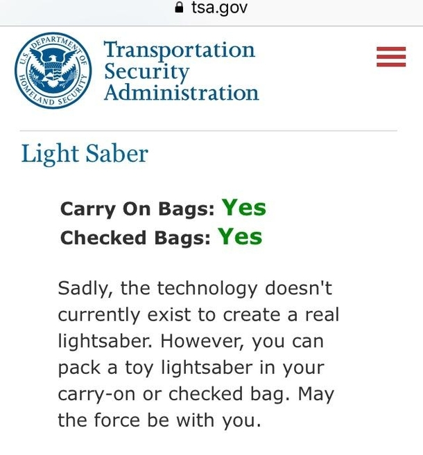May the force be with you Thank you TSA