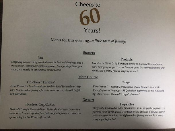 Menu for my cousins th birthday party Thats th not th