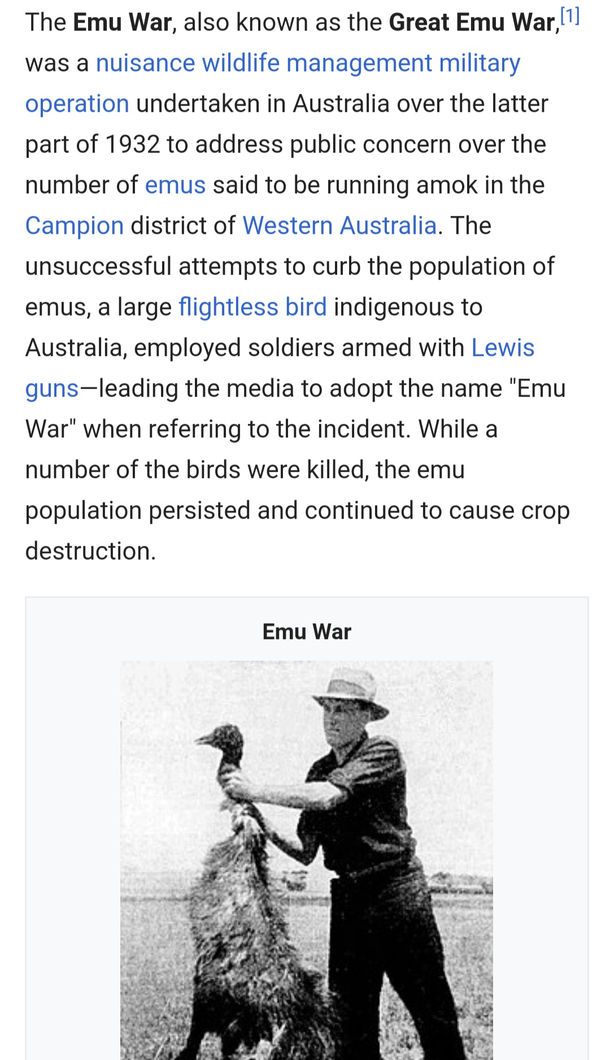 Mild reminder that the Australians lost a war against   Emus in  dubbing it The Great Emu War