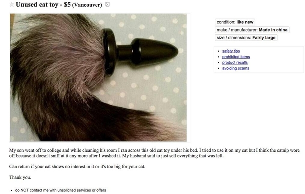 Mom selling her sons cat toy on craiglist