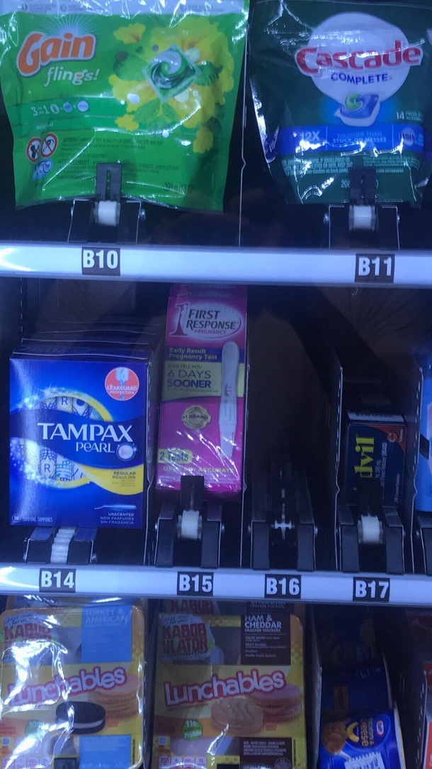 My apartment complex sells pregnancy tests next to the Lunchables in their vending machine