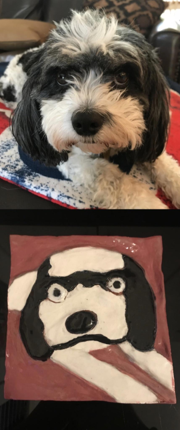 My attempt at recreating this picture of my dog on a tile in ceramics class