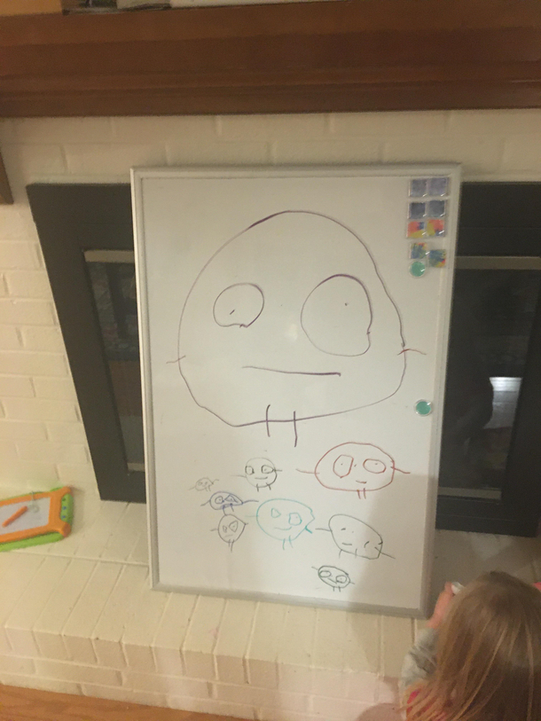 My baby sister started drawing pictures recently and this is her creation Sentient potatos