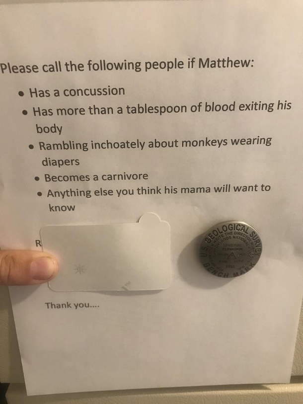 My best friendroommate got into a bike accident is all okay now we called his mom after we got home from the hospitalwhen she came over to see him this was left on our fridge
