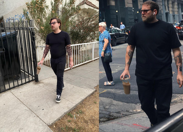 My bf as Jonah Hill dropping his coffee