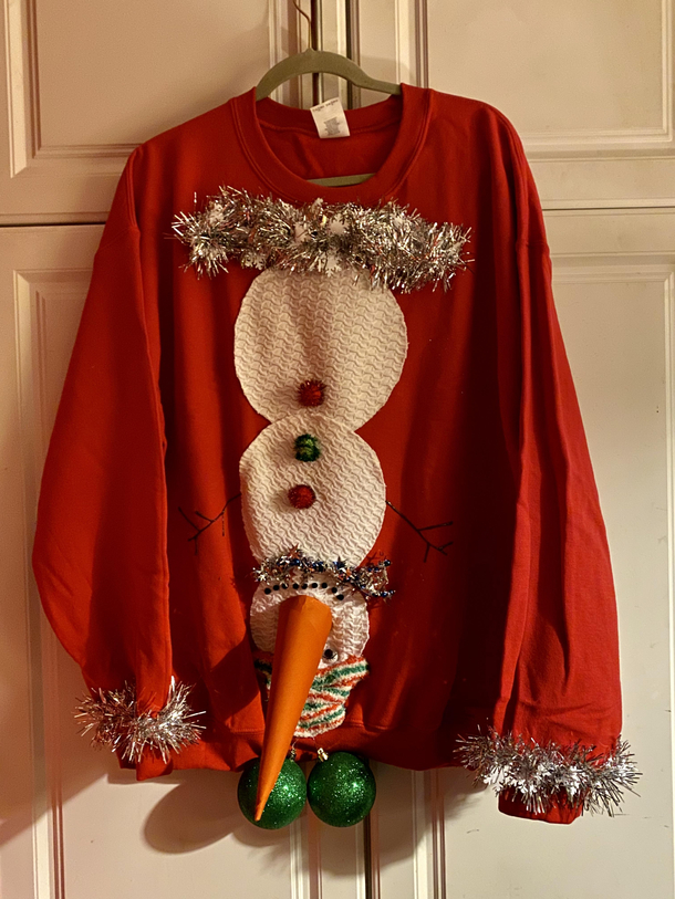 My bonus son needed an Ugly Xmas Sweater for a party tonight Fingers crossed he likes it I cant stop laughing