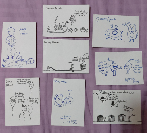 My boyfriend and I used to play this game where one of us came up with an adjective and the other with a noun Then we have to say it at the same time and draw whatever the combination is