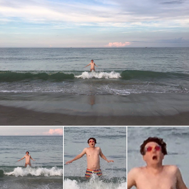 My boyfriend didnt warn me a wave was coming as I posed for a beach photo