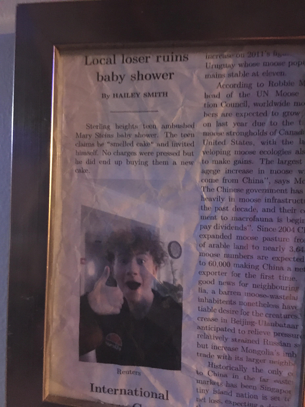 My brother made a fake newspaper and framed it