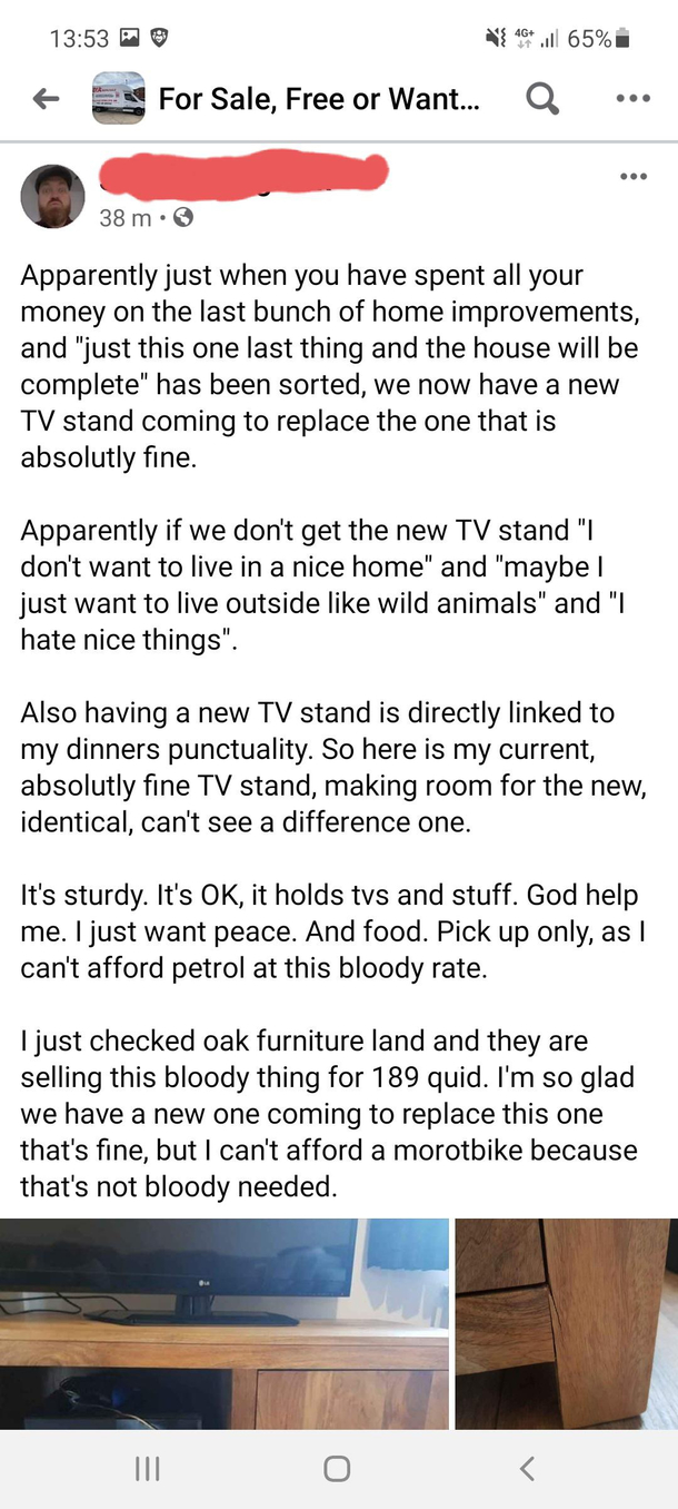 My brother selling his TV cabinet under duress