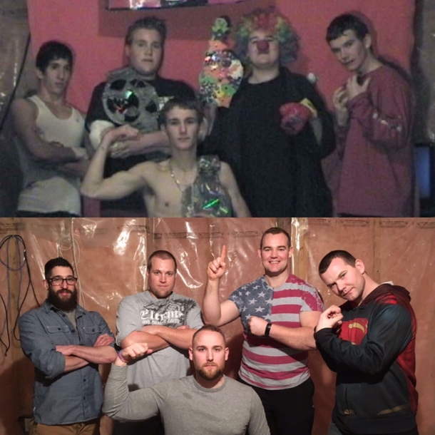 My brothers and I recreated a photo we took  years ago We had our own BASEMENT WRESTLING league