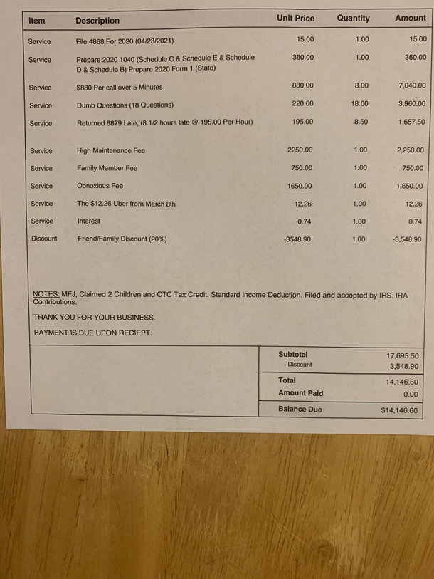 My Brothers invoice for this year I prepared the tax return