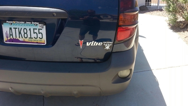 My buddy and I added this sticker to his brothers Saturn Vibe No he is not a raiders fan Wait for it
