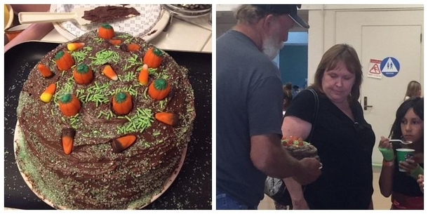 My buddy made a not so pretty cake for his daughters cake walk at school This is the reaction of the little girl and her parents who won the cake