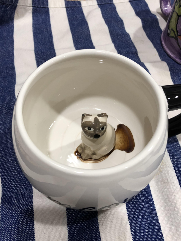 My cat poop mug Anytime I use this mug for coffee no matter how much I wash it and soak it coffee still ends up seeping out from under the cat and looking like it got a bad bout of gas station sushi runs