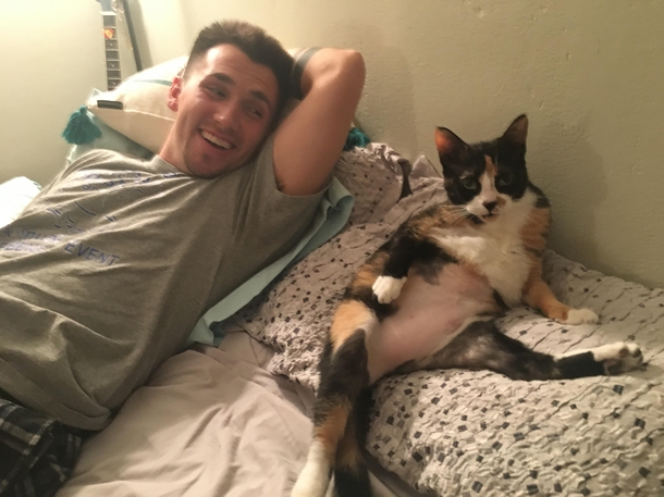 My cat trying to seduce my boyfriend