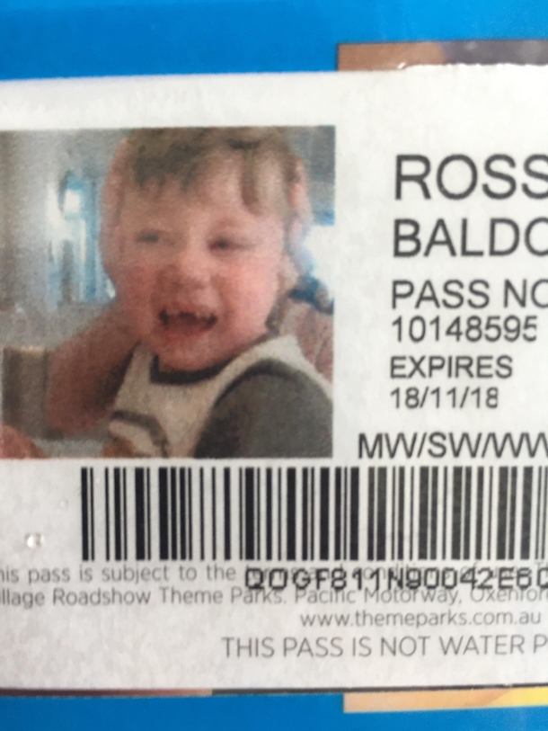 My child didnt was his photo taken for his Movieworld ID today so after several unsuccessful attempts to sneak one I just had to hold his head