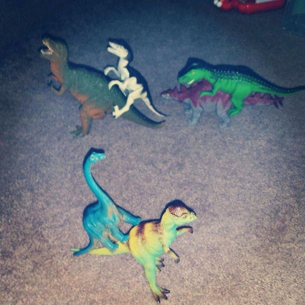 My co-workers wife sent him this picture today His son wanted the dinosaurs to give each other piggy back rides