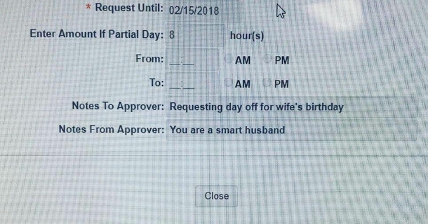 My cousin in law requested some time off of work