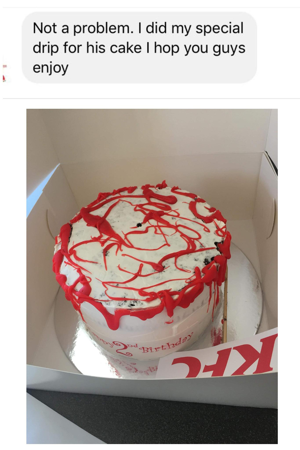 My cousin ordered a kfc themed cake for her babys birthday amp this was the result