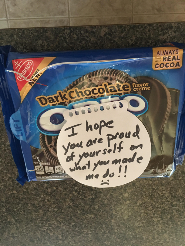 My dad ate this package in one day and left this note for my mom who bought it after she heard my dad was trying to resist the temptation