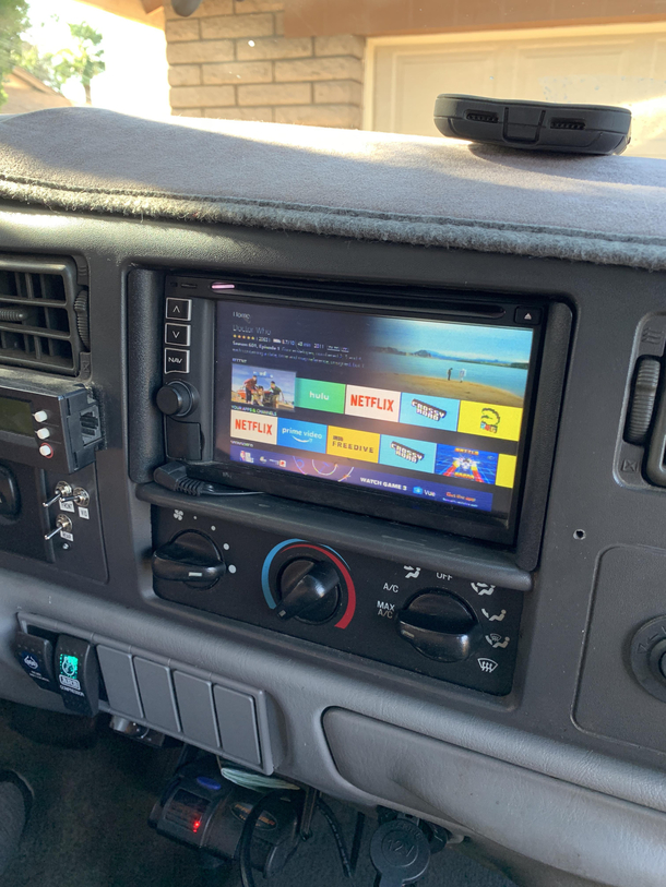 My dad is fucking insane He set up his truck with an amazon fire stick for a cross country voyage with my mom and my little sister He has a screen in the roof too and a phone with unlimited hotspot