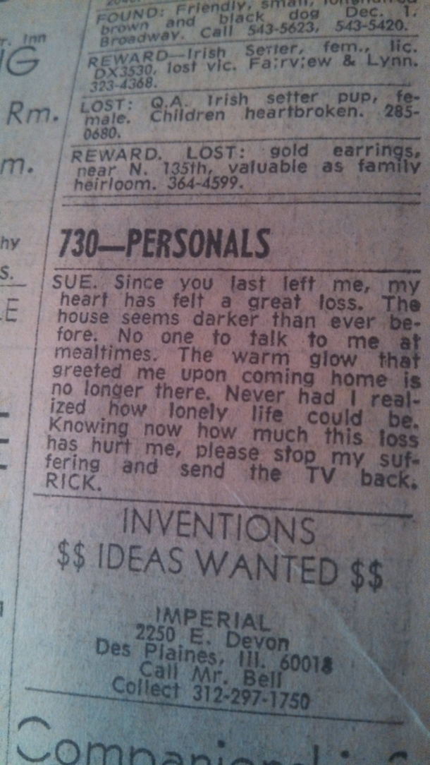 My dad kept a newspaper from  This is the first ad in the personals