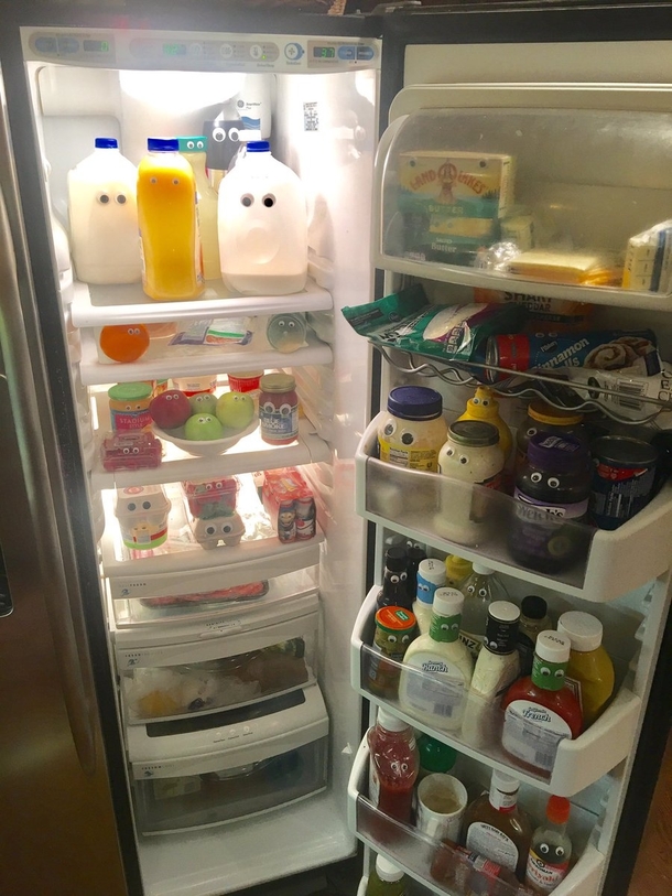 My dad put googly eyes on everything in our refrigerator