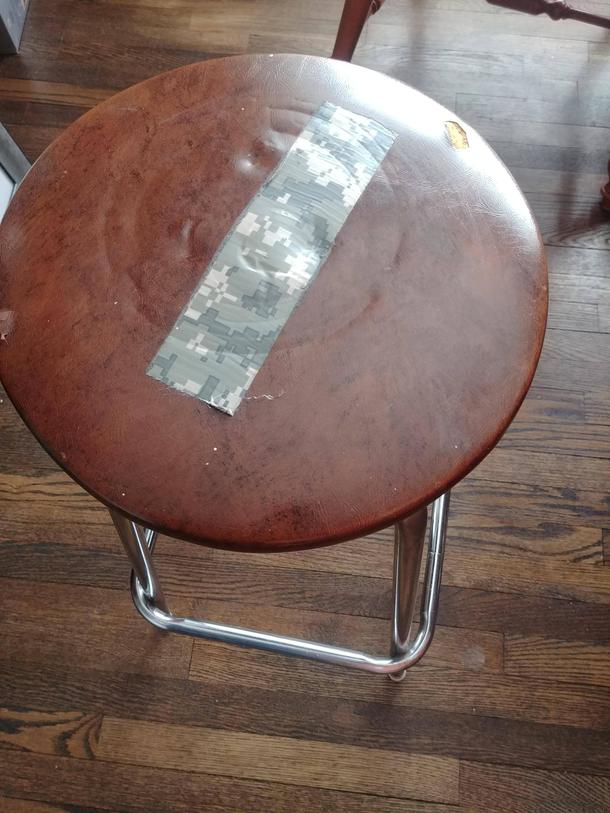 My dad said he patched the hole in the barstool so well you cant even see it