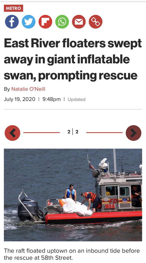My dad was rescued by FDNY with his friend and an inflatable swan pool float going down East River Yes thats him in the blue life vest