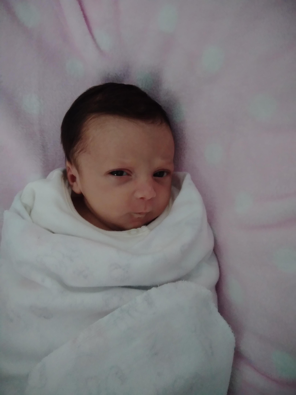 My daughter  days is doing this angry face to me since day  Should i be worried it s my first baby