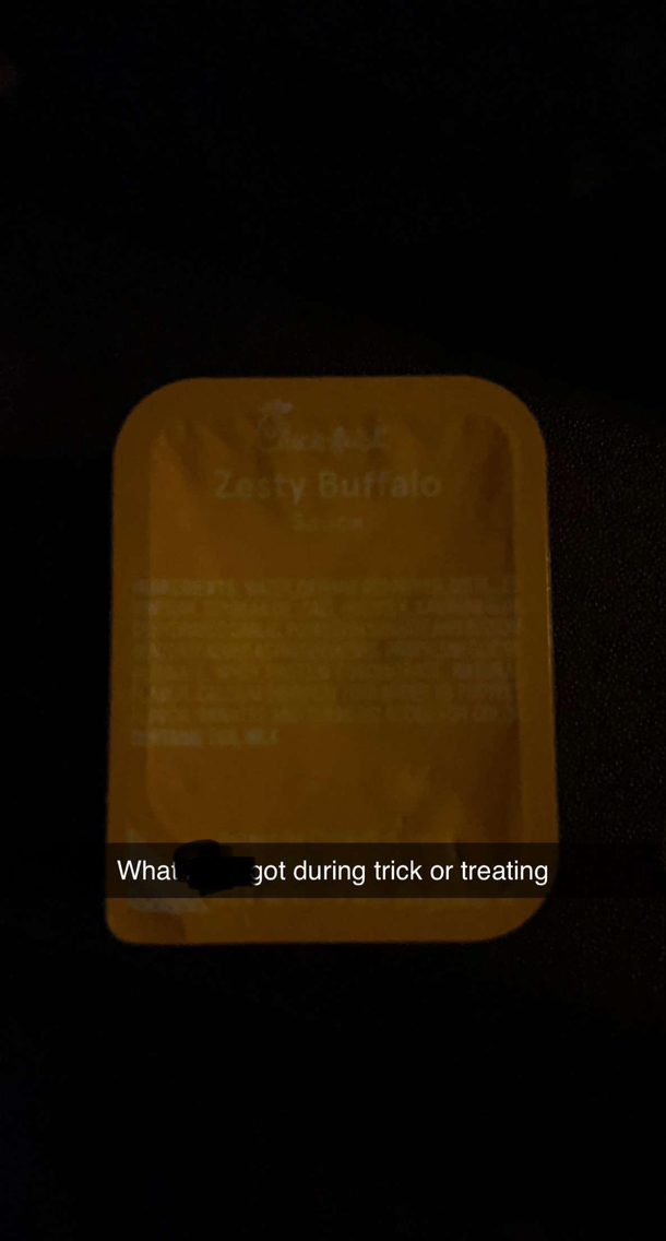My daughter got this from trick or treating I dont know whether to be happy or weirded out I love the sauce