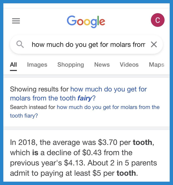 My daughter lost a tooth My spouse and I said it was worth a dollar Our daughter sent us this screenshot