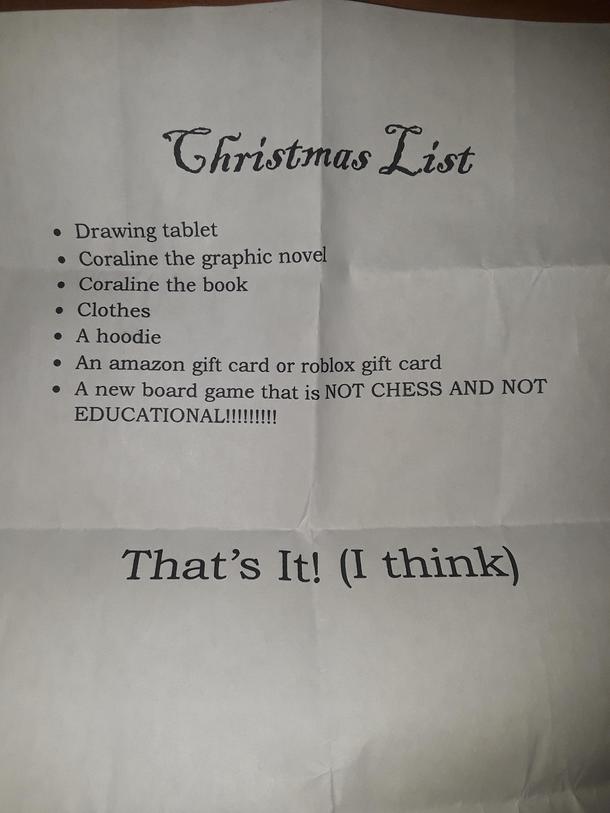My daughters Christmas list for this year 