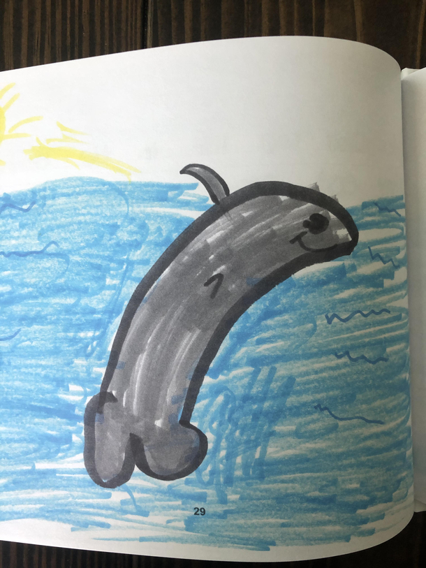 My daughters kindergarten class published a book of their animal drawings My daughter drew a penis dolphin