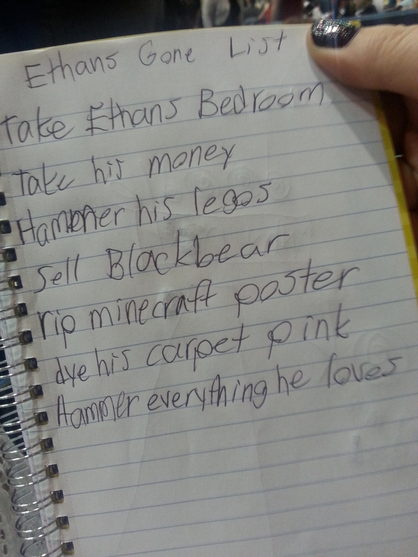 My daughters list in case anything happens to her older brother