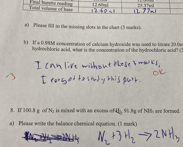 My desk partner in chem on his stoichiometry unit test