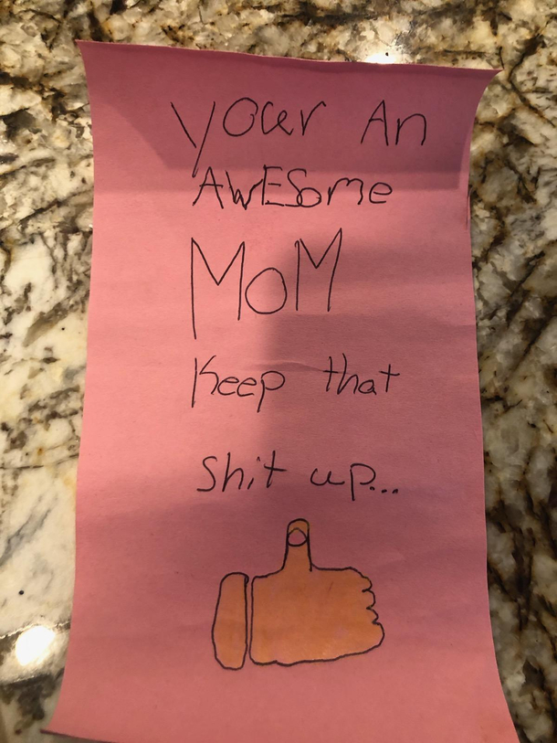 My eight year old daughter asked if she could make a funny mothers day card with one bad word