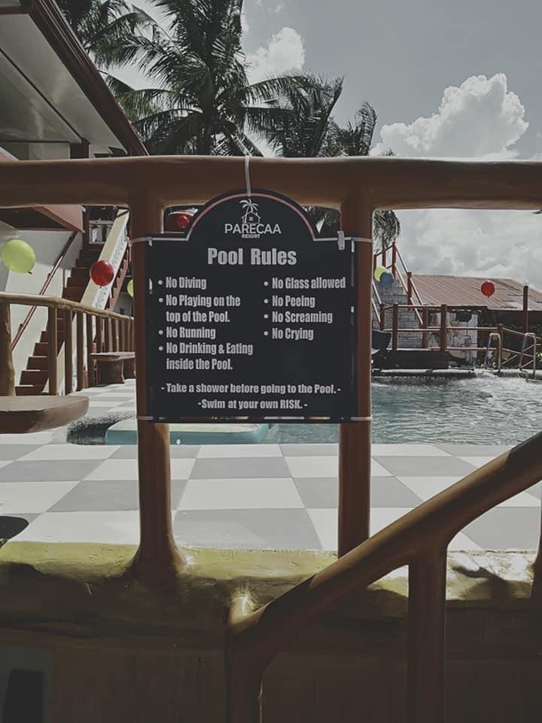 My family in the Philippines recently opened up their own resort and this is what they decided to put on their pool rules sign Now my summer plans to cry in the pool are ruined