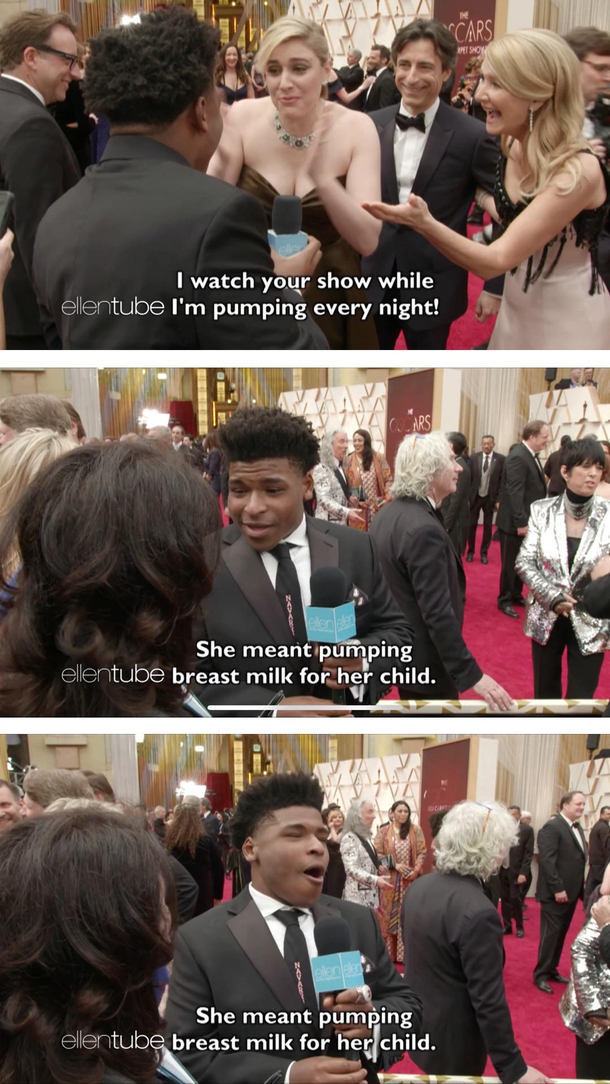 My favorite Oscars red carpet moment Greta Gerwig enlightens Jerry from Cheer