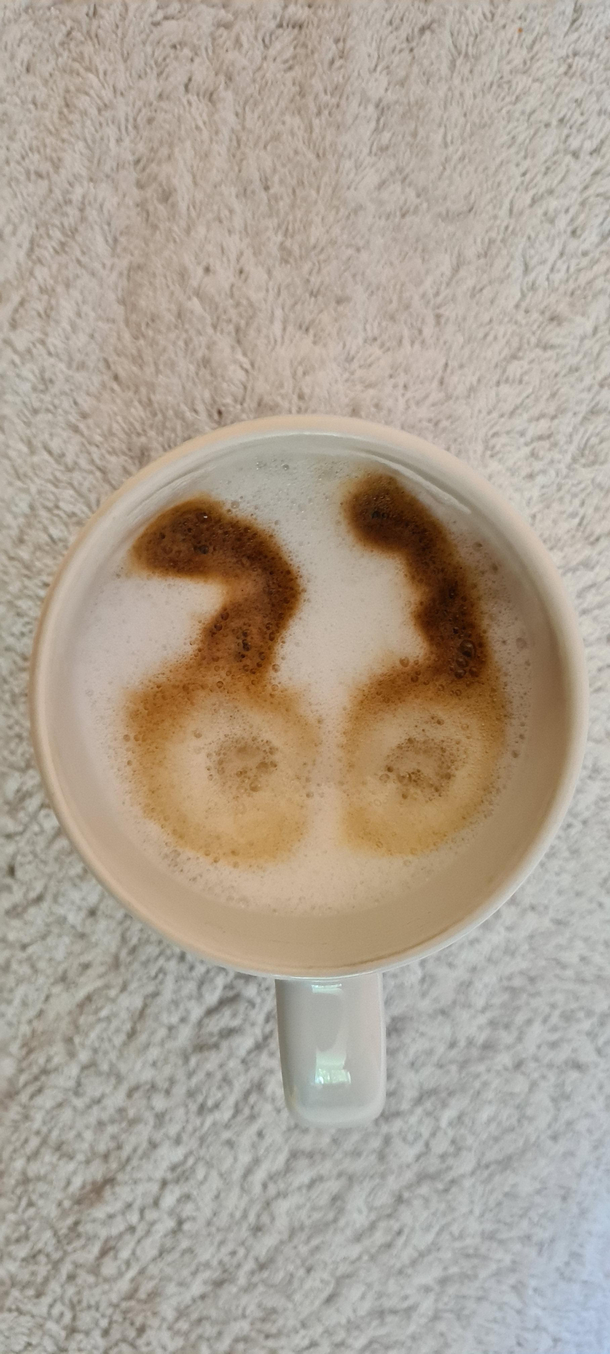 My first attempt at taking picture of my coffee art was not so successful I was trying to show a pair of glasses Turns out my art is open to interpretations