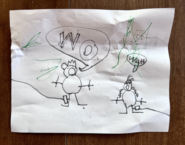 My five year old drew a picture about getting shots at the doctor with his little sister