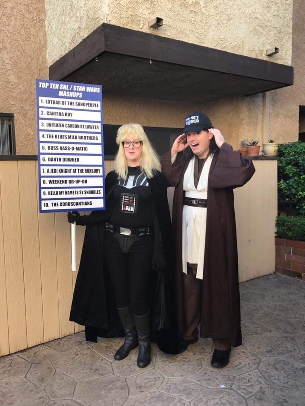 My friend and her husband always bring it at Halloween but this year they really topped themselves Meet Garth Vader and Obi Wayne Kenobi