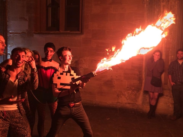 My friend built a flamethrower Came to a college party dressed as Arcade Fire What do you guys think